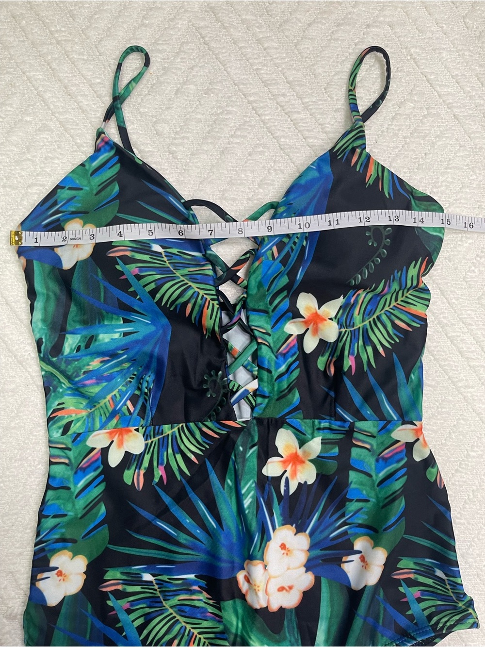 Tropical Floral One-Piece Swimsuit Green/Blue with Lace Up Front Size L - Picture 9 of 12